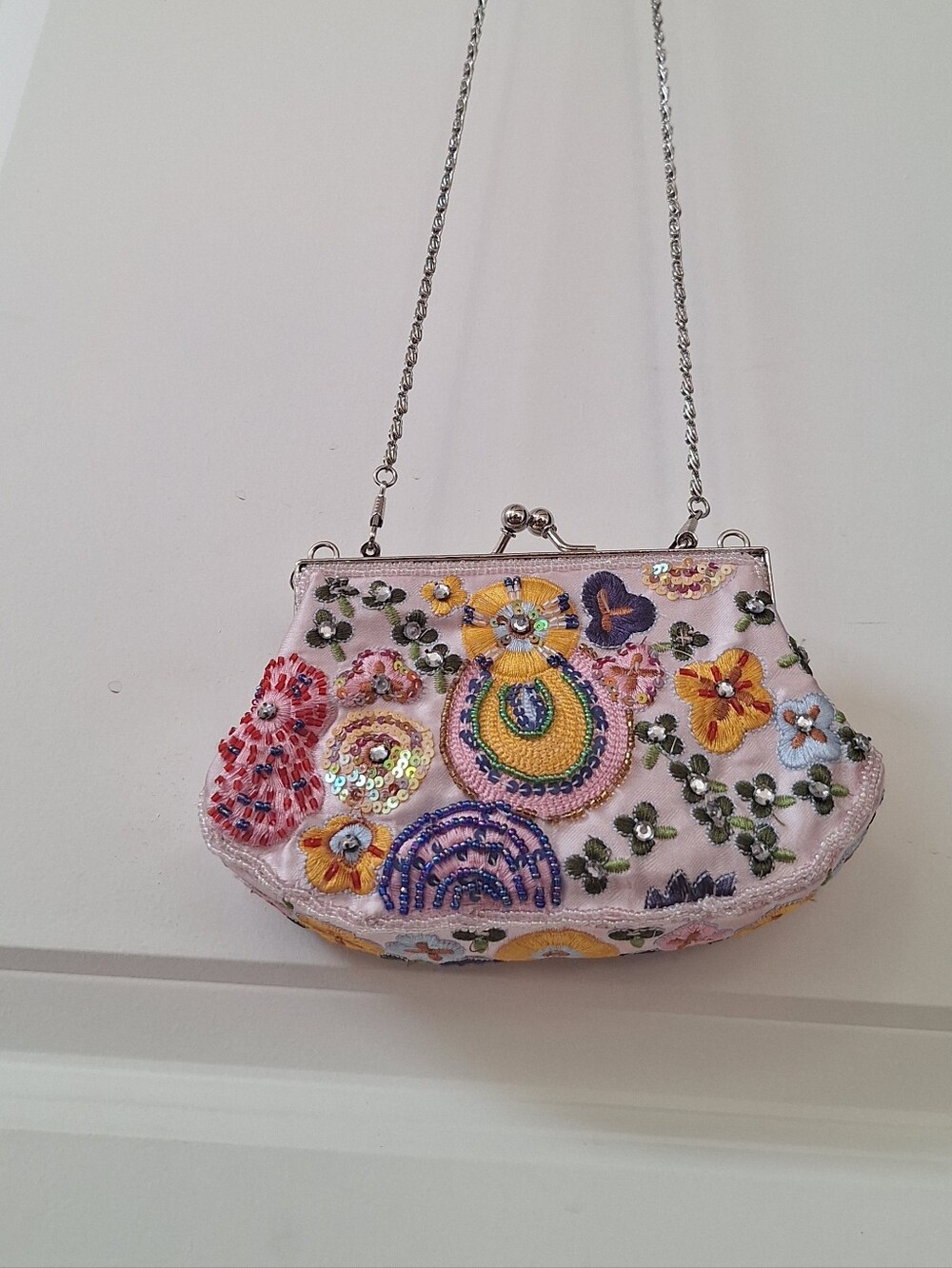 Embellished Pink Floral Beaded Crossbody Bag